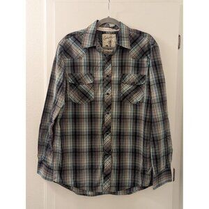 Mens Coastal Plaid Button Down Shirt W/Snap Closures & Chest Pockets Gray/Blue